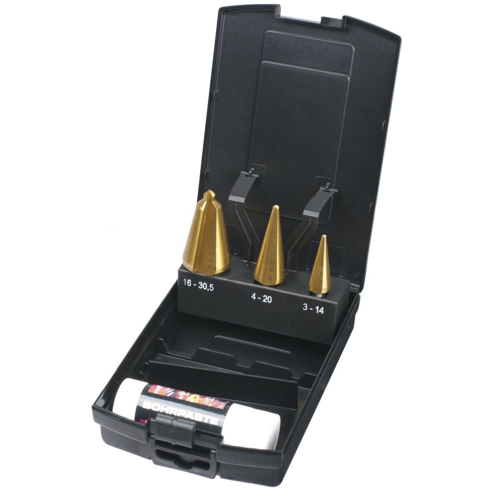 Blechschälbohrer HSS Nr. 0,1,2 ø3-30,5mm, 3-tlg + Schneidpaste TiN