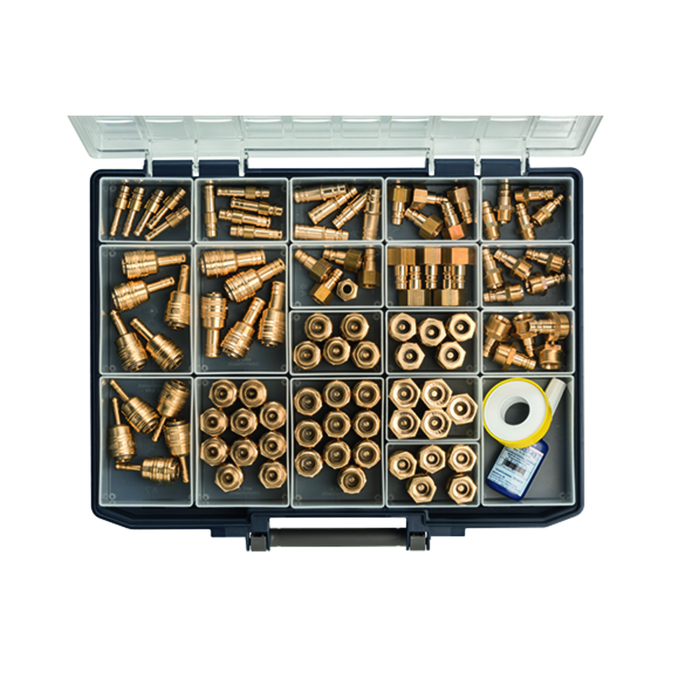 Sortimentsbox mit Schnellverschlusskupplungen und Stecknippel NW 7,2, Messing