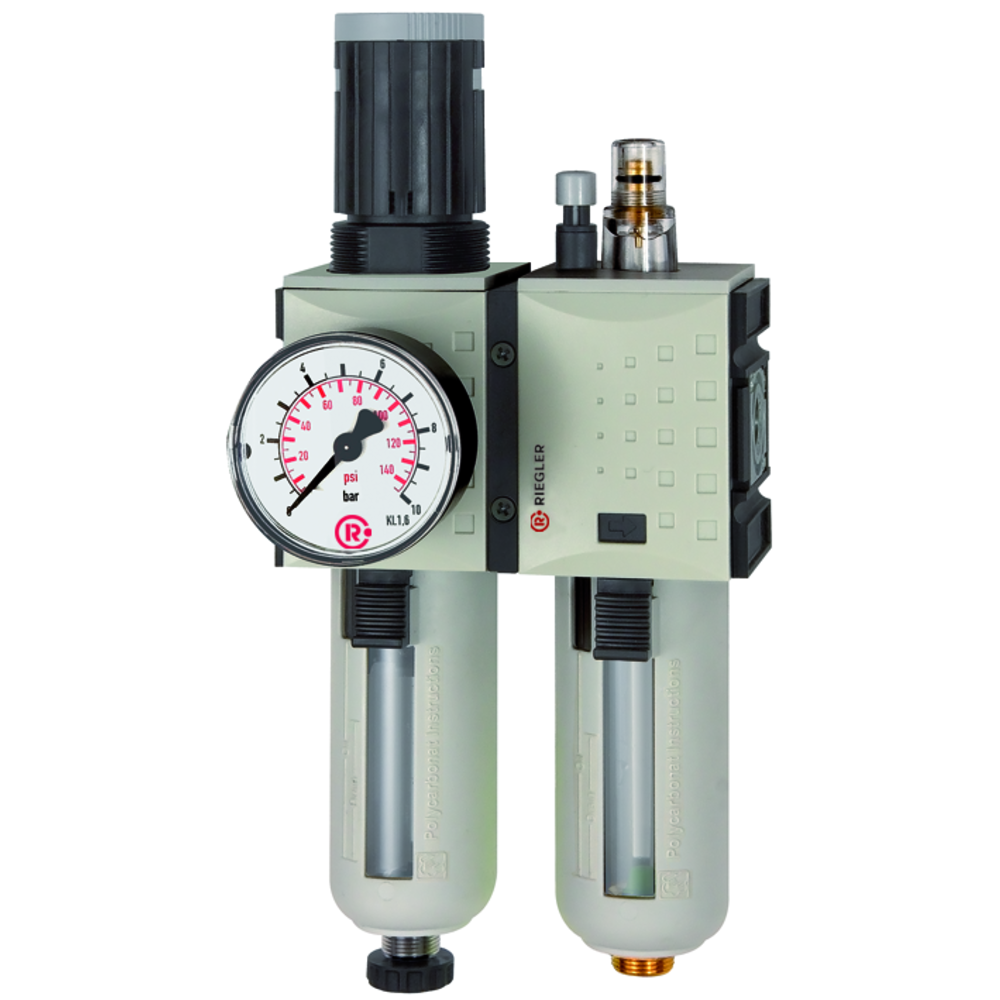 Wartungseinheit 2-tlg. »FUTURA«, PC-Behälter, Schutzkorb und Manometer, G 1/4'