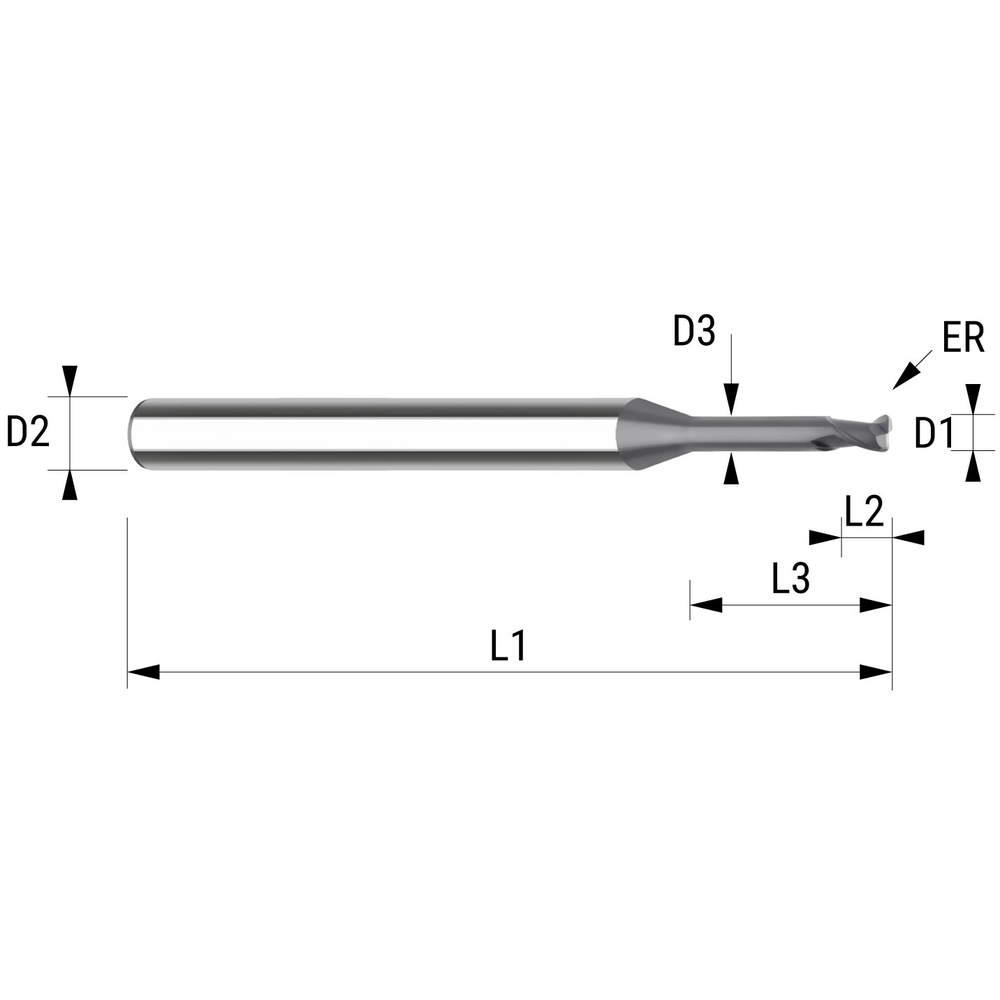 Mini-Torusfräser VHM 30° 0,4x4mm, L2=2,0mm, R=0,05 Z=2 DIA+
