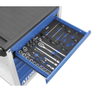 Werkzeugwagen 6 Schubladen RAL7035/5010 inkl. 8 Werkzeug-Einlagen