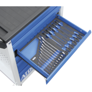 Werkzeugwagen 6 Schubladen RAL7035/5010 inkl. 8 Werkzeug-Einlagen