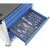 Werkzeugwagen 6 Schubladen RAL7035/5010 inkl. 8 Werkzeug-Einlagen