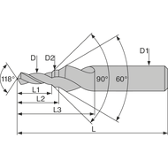 Stufenzentrierbohrer HSSE DIN332-2 60°/90° Form D-FL M20 - 17,5x21x31,5mm