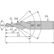 Stufenzentrierbohrer HSSE DIN332-2 60°/90° Form D M4 - 3,3x4,3x8mm