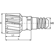 Wechselkopfreibahle VHM Gr. 6 ø10mm H7 mit IK radial, TiAlN (VA), SW6