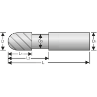 Radiusfräser VHM 15° 1mm, Z=2, XL, Umschließungswinkel 220°, HA, AlTiN